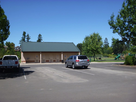 Parking at soccer fields – restrooms, playground, paved pathway to butterfly garden and picnic shelter